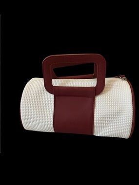 Shiseido Two-Tone Handbag Cream With Burgundy Versatile‎ Travel or Cosmetic Bag